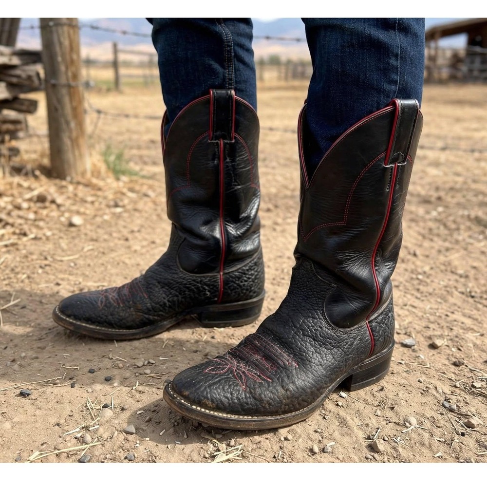 Vtg Justin Mens 6.5 D Western Boots Black Red Stitching Leather Cowboy USA